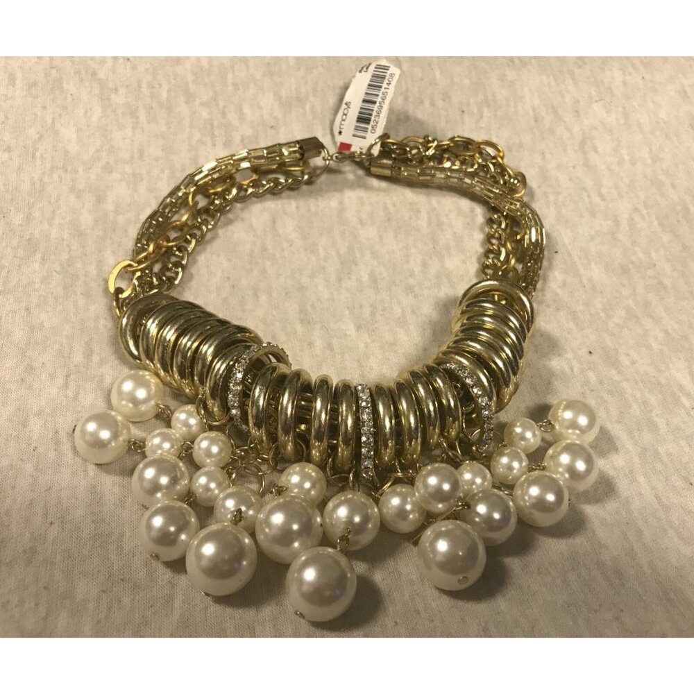 Macys Faux Pearl AB Rhinestone Gold Tone Bib Necklace-NOS - Picture 4 of 5